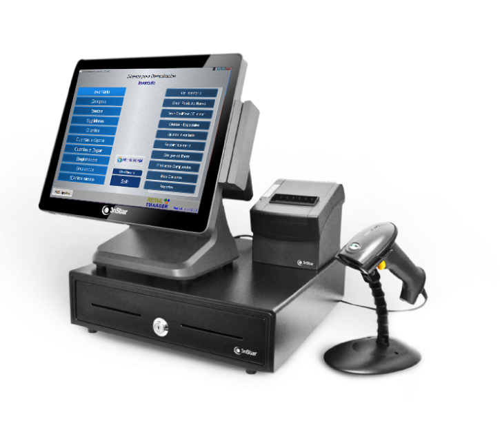 Sistema POS Retail Manager con pantalla táctil, caja registradora, impresora y escáner